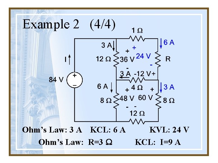 Example 2 (4/4) Ohm’s Law: 3 A KCL: 6 A Ohm’s Law: R=3 W