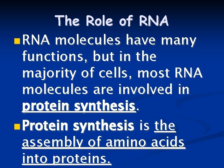 The Role of RNA molecules have many functions, but in the majority of cells,