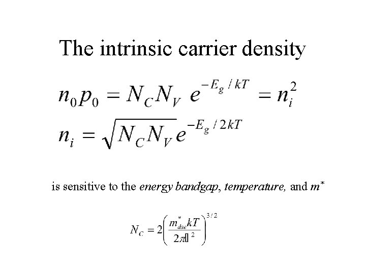 The intrinsic carrier density is sensitive to the energy bandgap, temperature, and m* 