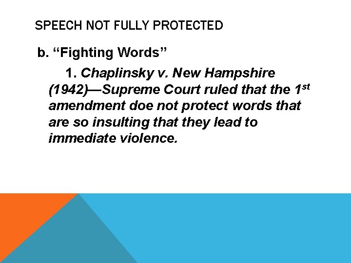 SPEECH NOT FULLY PROTECTED b. “Fighting Words” 1. Chaplinsky v. New Hampshire (1942)—Supreme Court