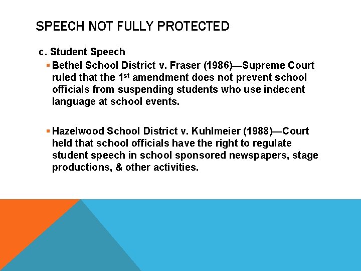 SPEECH NOT FULLY PROTECTED c. Student Speech § Bethel School District v. Fraser (1986)—Supreme