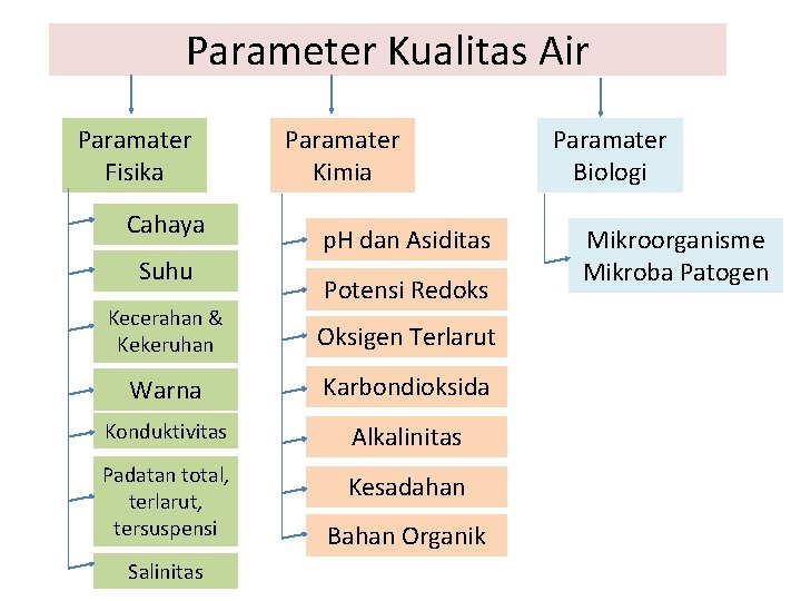 Parameter Kualitas Air Paramater Fisika Cahaya Suhu Paramater Kimia p. H dan Asiditas Potensi