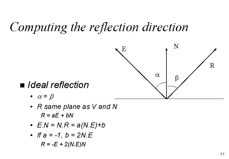 Computing the reflection direction N E R n Ideal reflection • = • R Computing the reflection direction N E R n Ideal reflection • = • R