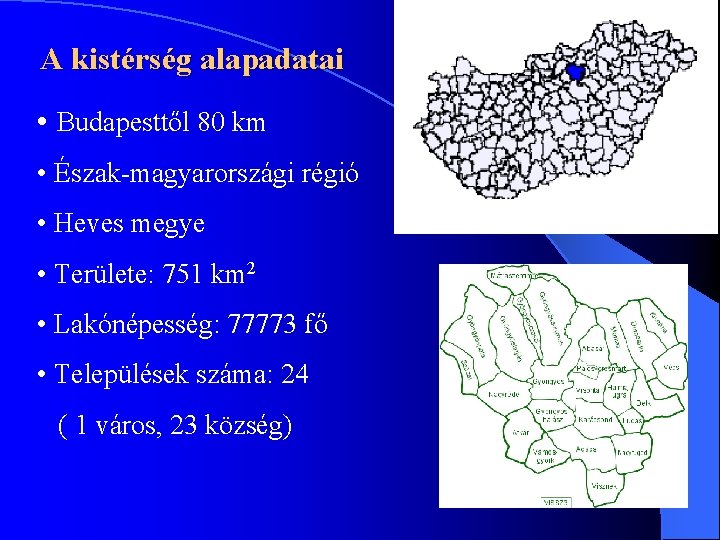 A kistérség alapadatai • Budapesttől 80 km • Észak-magyarországi régió • Heves megye •