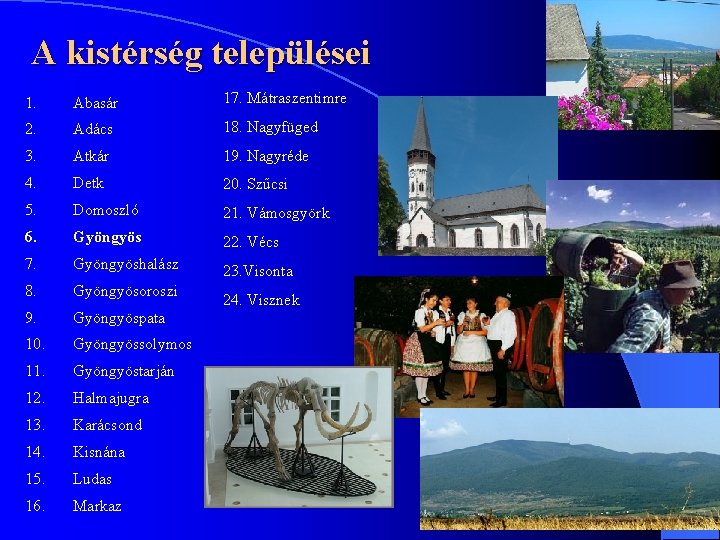 A kistérség települései 1. Abasár 17. Mátraszentimre 2. Adács 18. Nagyfüged 3. Atkár 19.