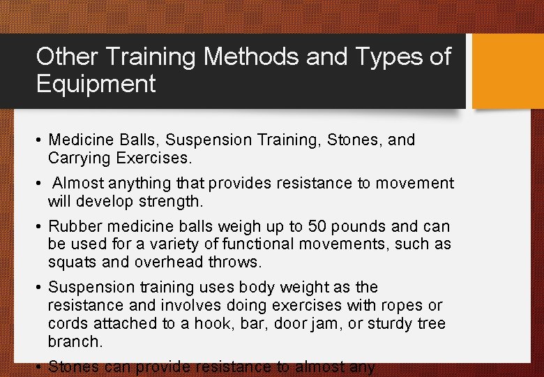Other Training Methods and Types of Equipment • Medicine Balls, Suspension Training, Stones, and