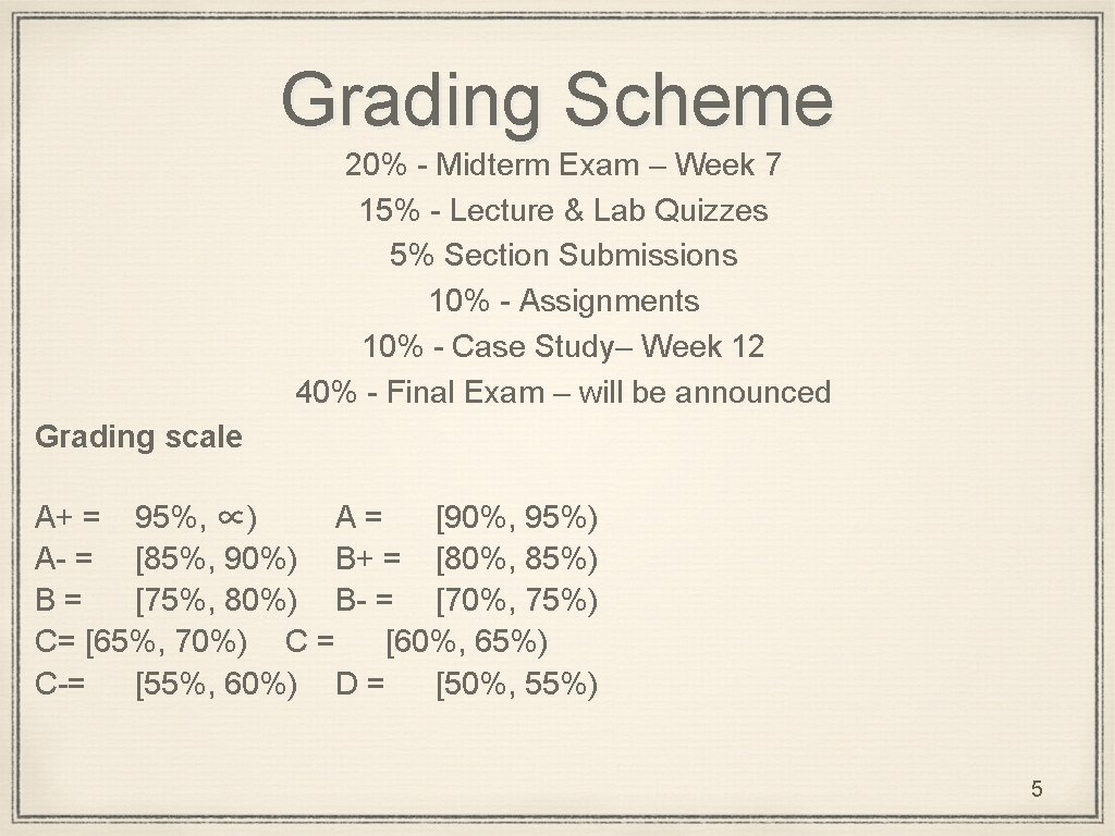 Grading Scheme 20% - Midterm Exam – Week 7 15% - Lecture & Lab