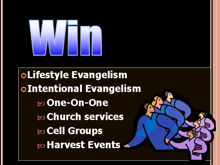  Lifestyle Evangelism Intentional Evangelism One-On-One Church services Cell Groups Harvest Events 