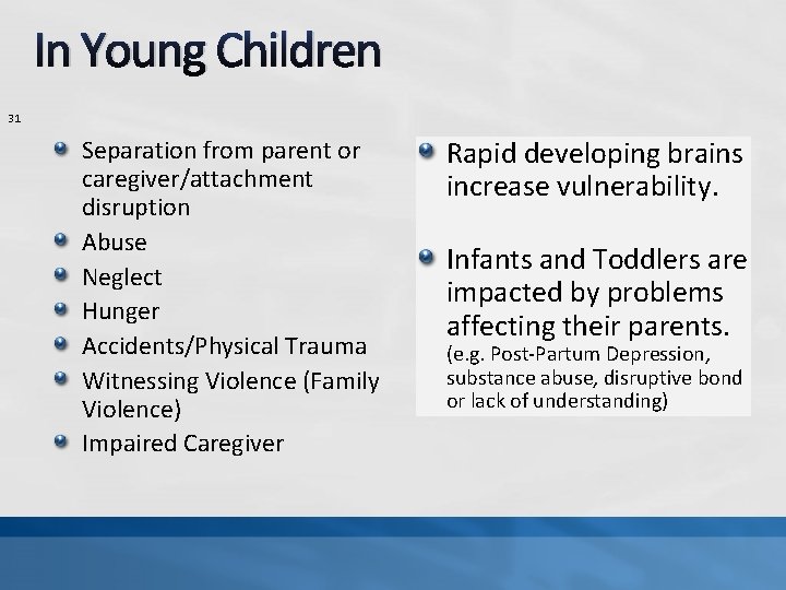 In Young Children 31 Separation from parent or caregiver/attachment disruption Abuse Neglect Hunger Accidents/Physical