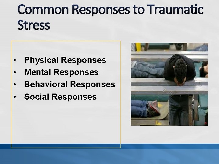 Common Responses to Traumatic Stress • • Physical Responses Mental Responses Behavioral Responses Social