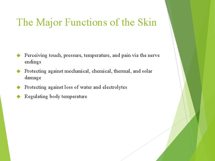 The Major Functions of the Skin Perceiving touch, pressure, temperature, and pain via the