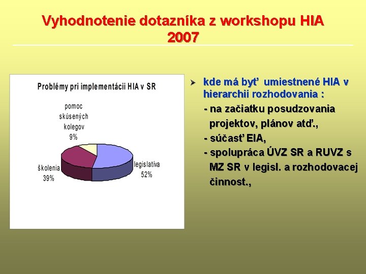 Vyhodnotenie dotazníka z workshopu HIA 2007 Ø kde má byť umiestnené HIA v hierarchii