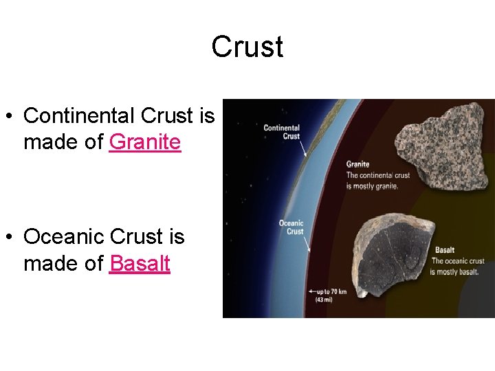 Crust • Continental Crust is made of Granite • Oceanic Crust is made of