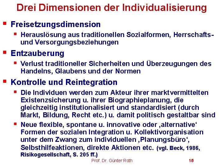 Drei Dimensionen der Individualisierung § Freisetzungsdimension § § Entzauberung § § Herauslösung aus traditionellen