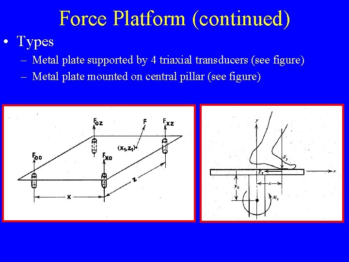 Force Platform (continued) • Types – Metal plate supported by 4 triaxial transducers (see