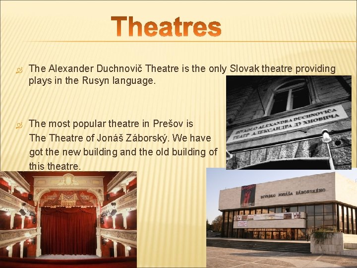  The Alexander Duchnovič Theatre is the only Slovak theatre providing plays in the