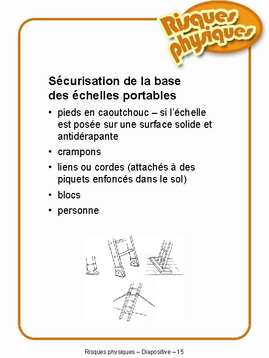 Sécurisation de la base des échelles portables • pieds en caoutchouc – si l’échelle