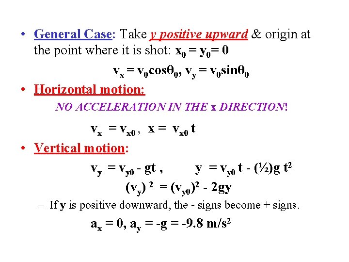 • General Case: Take y positive upward & origin at the point where