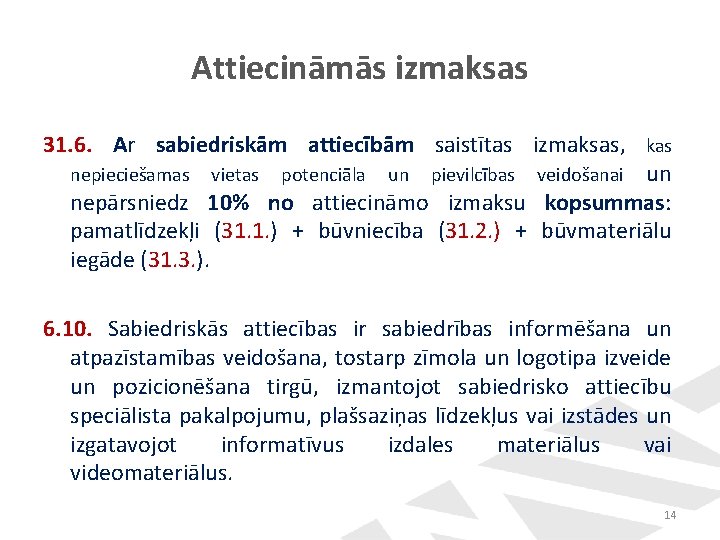 Attiecināmās izmaksas 31. 6. Ar sabiedriskām attiecībām saistītas izmaksas, kas nepieciešamas vietas potenciāla un Attiecināmās izmaksas 31. 6. Ar sabiedriskām attiecībām saistītas izmaksas, kas nepieciešamas vietas potenciāla un