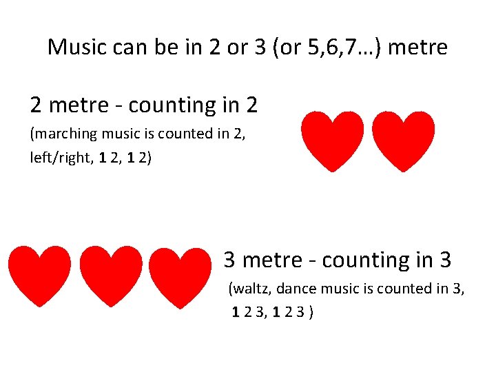 Music can be in 2 or 3 (or 5, 6, 7…) metre 2 metre