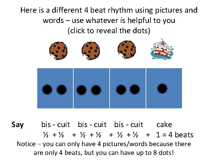 Here is a different 4 beat rhythm using pictures and words – use whatever