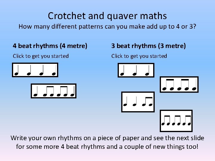 Crotchet and quaver maths How many different patterns can you make add up to