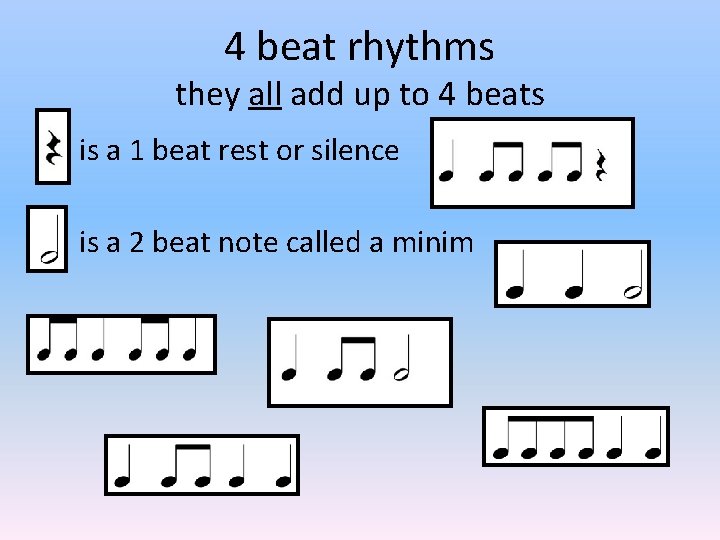 4 beat rhythms they all add up to 4 beats is a 1 beat