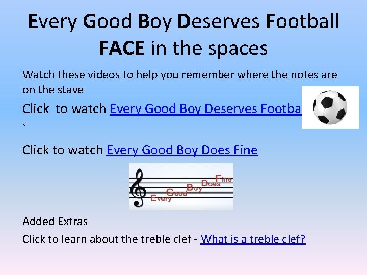 Every Good Boy Deserves Football FACE in the spaces Watch these videos to help