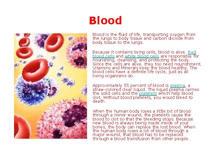 Blood is the fluid of life, transporting oxygen from the lungs to body tissue