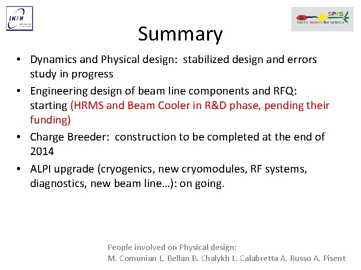 Summary • Dynamics and Physical design: stabilized design and errors study in progress •