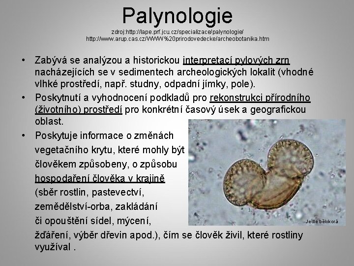 Palynologie zdroj: http: //lape. prf. jcu. cz/specializace/palynologie/ http: //www. arup. cas. cz/WWW%20 prirodovedecke/archeobotanika. htm