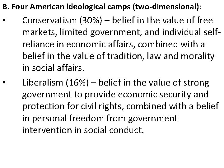 B. Four American ideological camps (two-dimensional): • • Conservatism (30%) – belief in the