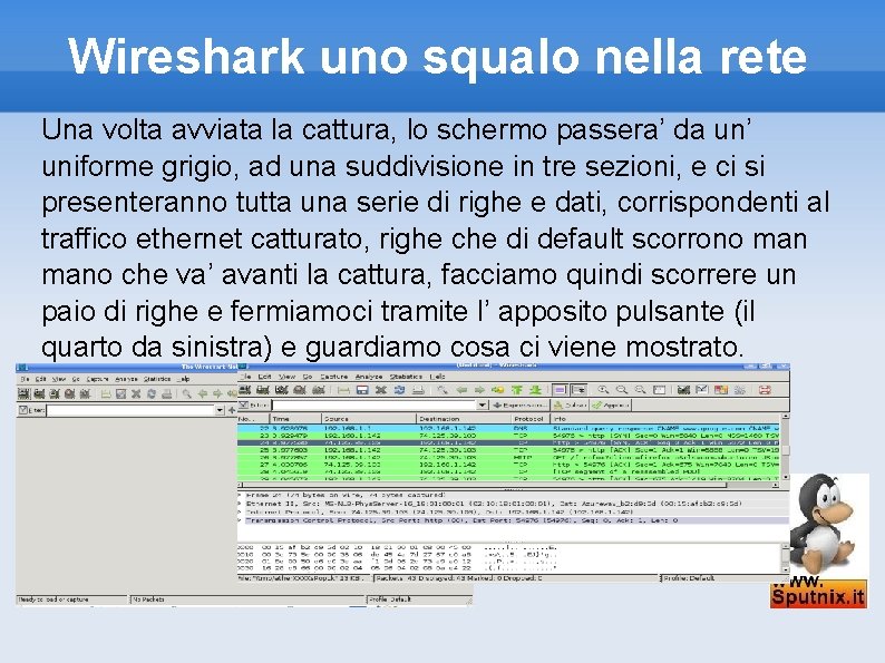 Wireshark uno squalo nella rete Una volta avviata la cattura, lo schermo passera’ da