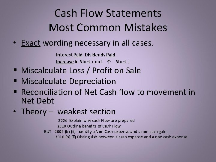Cash Flow Statements Most Common Mistakes • Exact wording necessary in all cases. Interest