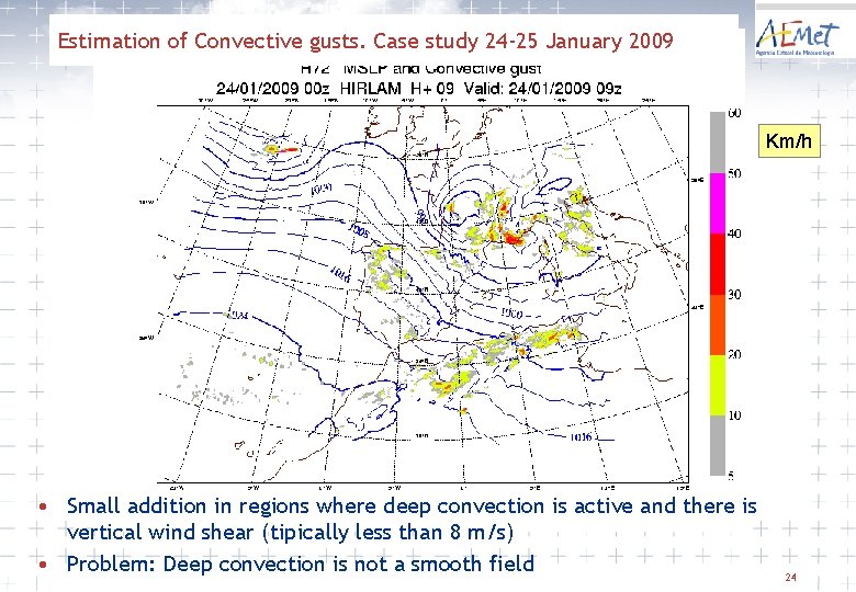 Estimation of Convective gusts. Case study 24 -25 January 2009 Km/h • Small addition