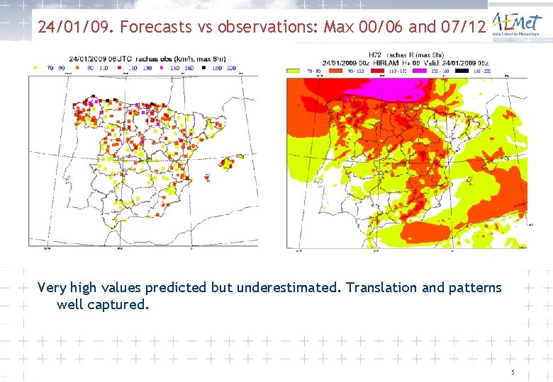 24/01/09. Forecasts vs observations: Max 00/06 and 07/12 Very high values predicted but underestimated.