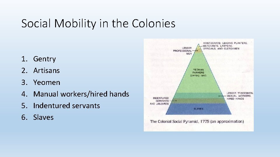 Social Mobility in the Colonies 1. 2. 3. 4. 5. 6. Gentry Artisans Yeomen