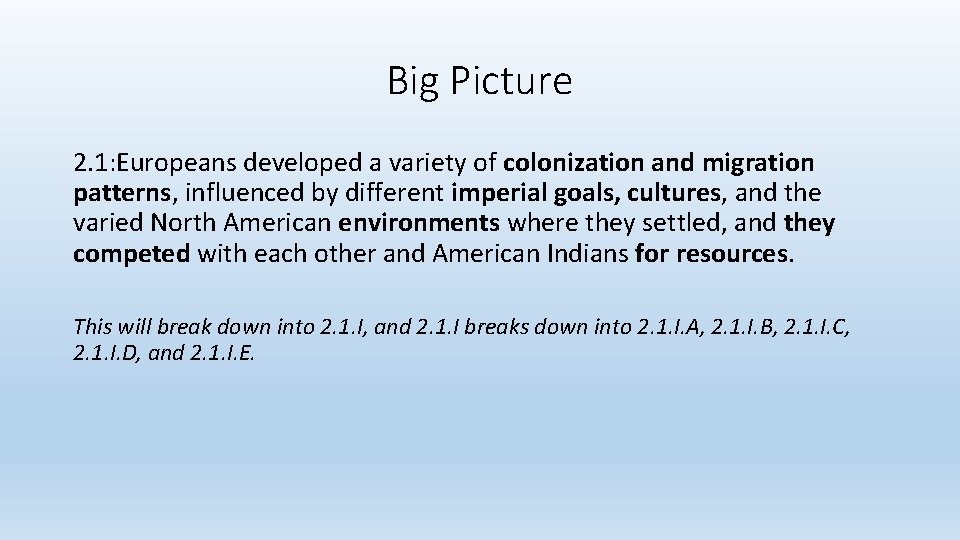 Big Picture 2. 1: Europeans developed a variety of colonization and migration patterns, influenced