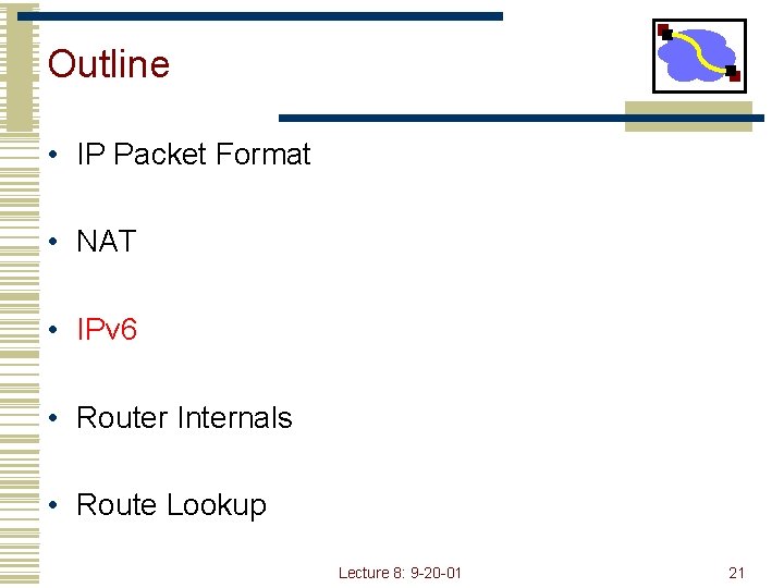 Outline • IP Packet Format • NAT • IPv 6 • Router Internals •