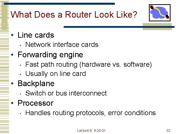 What Does a Router Look Like? • Line cards • Network interface cards •