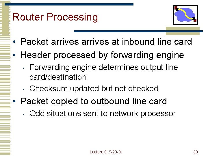 Router Processing • Packet arrives at inbound line card • Header processed by forwarding