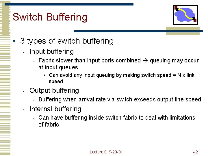 Switch Buffering • 3 types of switch buffering • Input buffering • Fabric slower