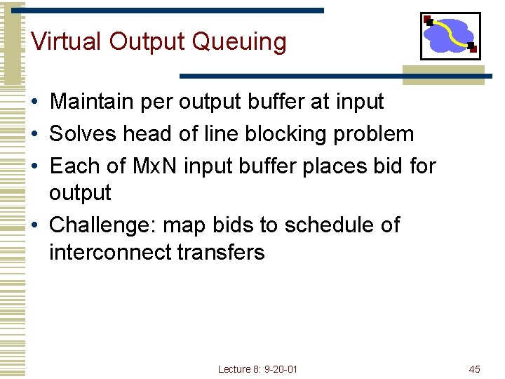 Virtual Output Queuing • Maintain per output buffer at input • Solves head of