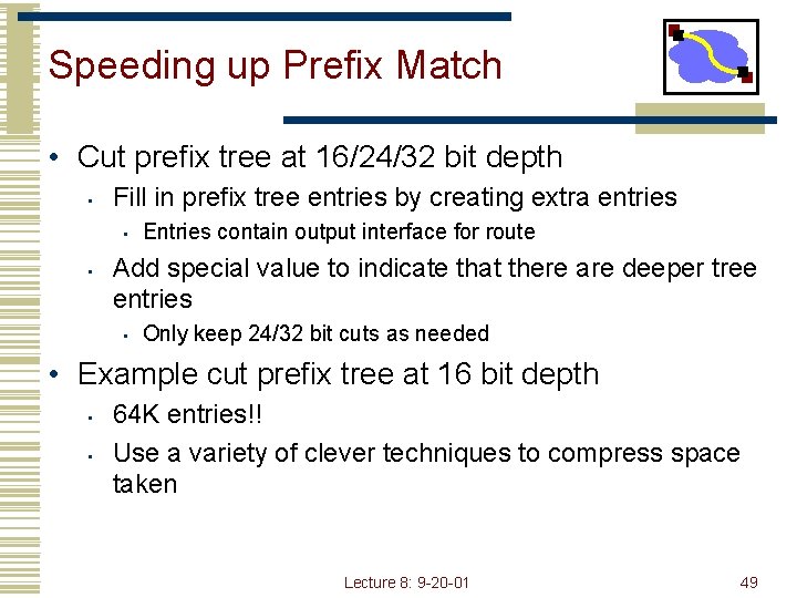 Speeding up Prefix Match • Cut prefix tree at 16/24/32 bit depth • Fill