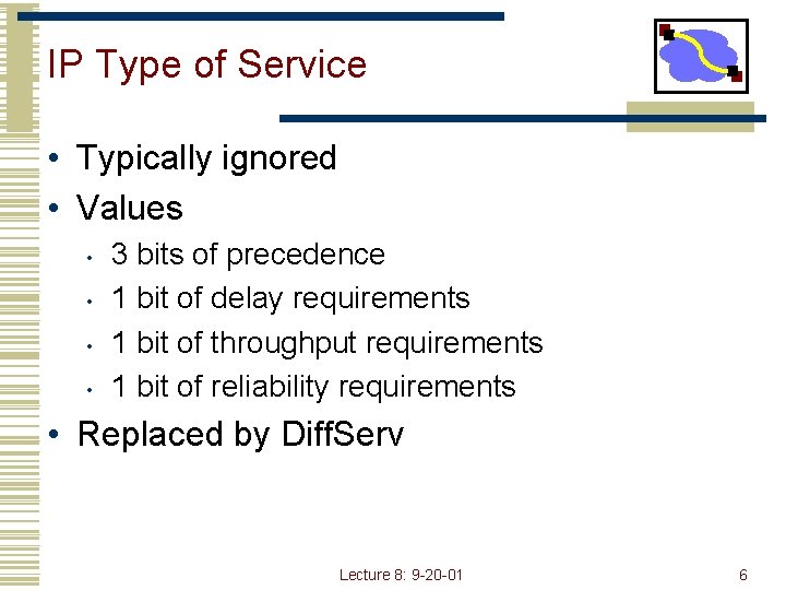 IP Type of Service • Typically ignored • Values • • 3 bits of