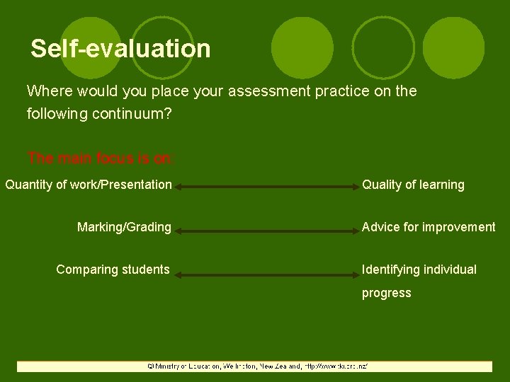 Self-evaluation Where would you place your assessment practice on the following continuum? The main