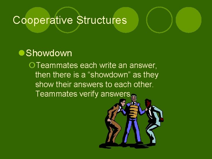 Cooperative Structures l Showdown ¡Teammates each write an answer, then there is a “showdown”