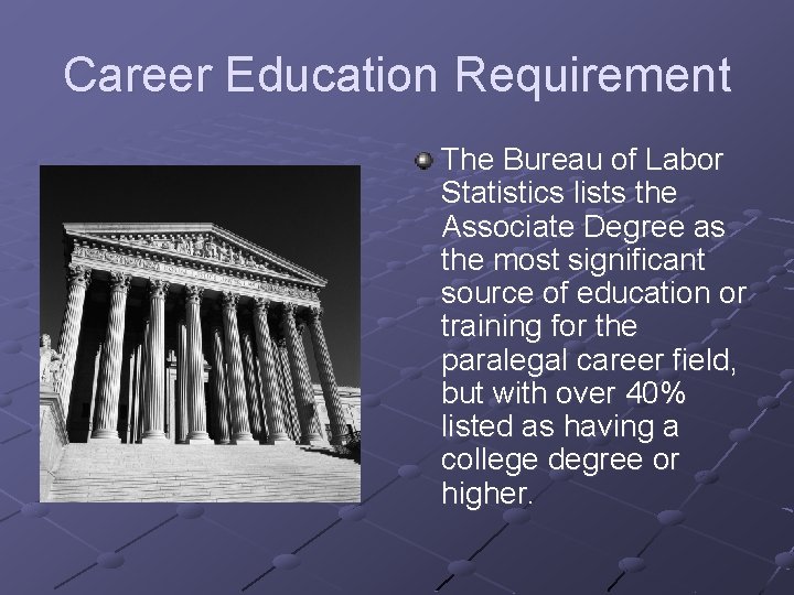 Career Education Requirement The Bureau of Labor Statistics lists the Associate Degree as the