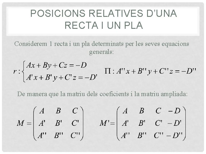 POSICIONS RELATIVES D’UNA RECTA I UN PLA Considerem 1 recta i un pla determinats