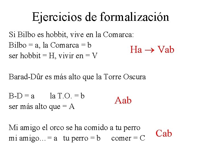 Ejercicios de formalización Si Bilbo es hobbit, vive en la Comarca: Bilbo = a,